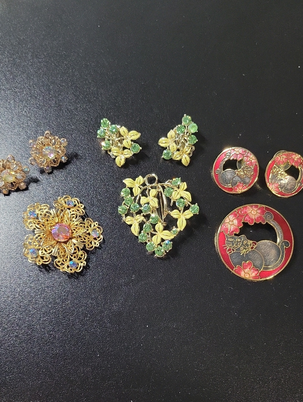 Gold Tone Green Crystal Brooch Lot